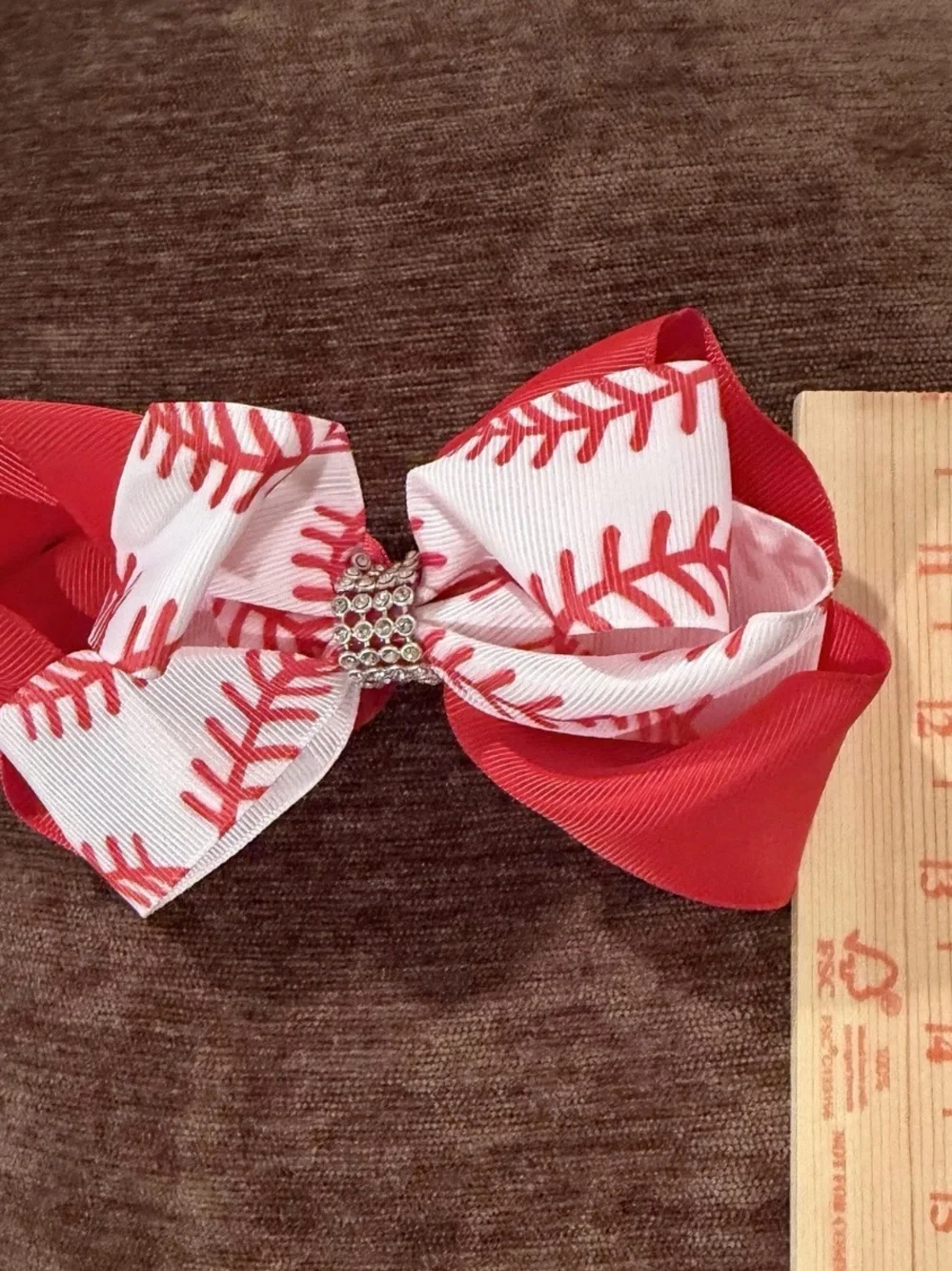 Red & White Baseball Stitch Bow Hair Clip Barrette Girls MLB